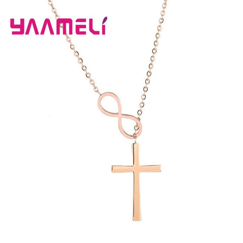 Never Fade Sterling Silver 925 Cross Bowknot Infintity Cross Necklace for Male Female Silver/Gold/Rose Gold Collar Choker