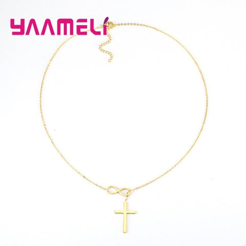 Never Fade Sterling Silver 925 Cross Bowknot Infintity Cross Necklace for Male Female Silver/Gold/Rose Gold Collar Choker