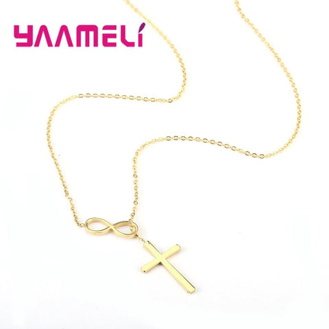 Never Fade Sterling Silver 925 Cross Bowknot Infintity Cross Necklace for Male Female Silver/Gold/Rose Gold Collar Choker