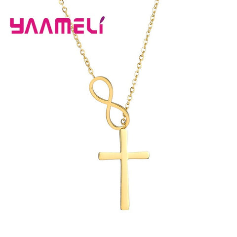 Never Fade Sterling Silver 925 Cross Bowknot Infintity Cross Necklace for Male Female Silver/Gold/Rose Gold Collar Choker