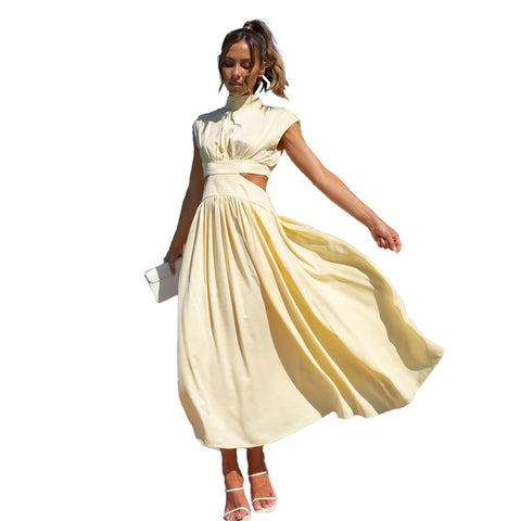 New High Waist Bodycon Crop Dress Summer Casual Sleeveless Solid Color Long Dress Y2k Elegant Vintage Ruched Round Neck Vestidos