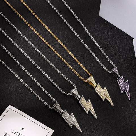 New Jewelry Fashion Retro Full Zircon Lightning Necklace Men's Hip Hop Party Locomotive Accessories Pendant Necklace Jewelry