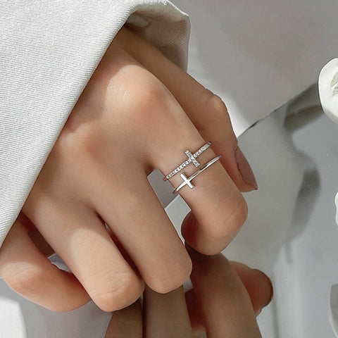 Silver Color Double Cross Flashing Zircon Open Rings for Women Student Korean Index Finger Ring 2022 Fashion Jewelry Gift