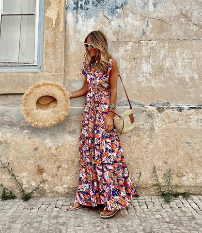 Summer Dress Women Printed V Neck Sleeveless Backless Split Casual Long Dresses High Waist Pullover Elegant 2023 Vestidos