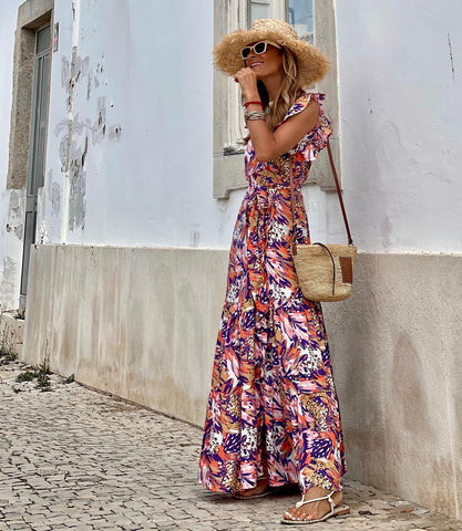 Summer Dress Women Printed V Neck Sleeveless Backless Split Casual Long Dresses High Waist Pullover Elegant 2023 Vestidos