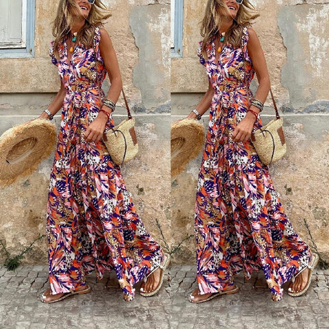 Summer Dress Women Printed V Neck Sleeveless Backless Split Casual Long Dresses High Waist Pullover Elegant 2023 Vestidos
