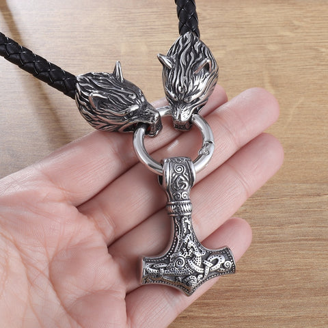 Vintage Black Thor Hammer Necklace for Men Viking Wolf Head Jewelry Friend Gift