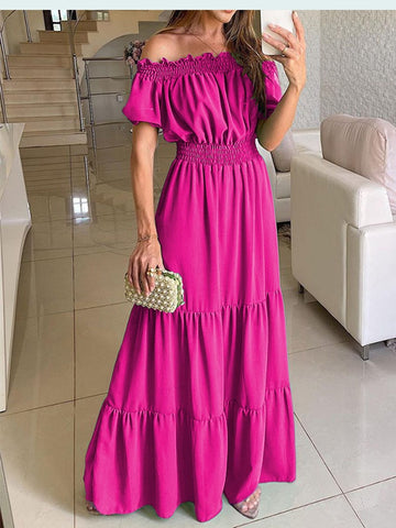 Women Slash Neck Maxi Dresses Summer Solid Casual Loose Short Sleeve Ruffle Dress Female Beach Party Long Dresses Elegant Robe
