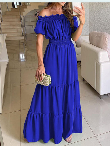 Women Slash Neck Maxi Dresses Summer Solid Casual Loose Short Sleeve Ruffle Dress Female Beach Party Long Dresses Elegant Robe