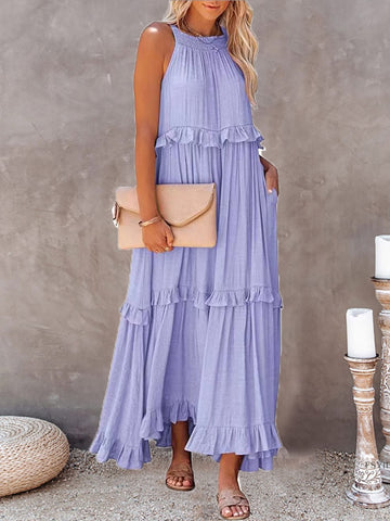 Women Slash Neck Maxi Dresses Summer Solid Casual Loose Short Sleeve Ruffle Dress Female Beach Party Long Dresses Elegant Robe