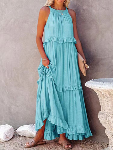 Women Slash Neck Maxi Dresses Summer Solid Casual Loose Short Sleeve Ruffle Dress Female Beach Party Long Dresses Elegant Robe