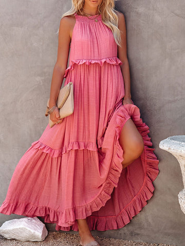 Women Slash Neck Maxi Dresses Summer Solid Casual Loose Short Sleeve Ruffle Dress Female Beach Party Long Dresses Elegant Robe