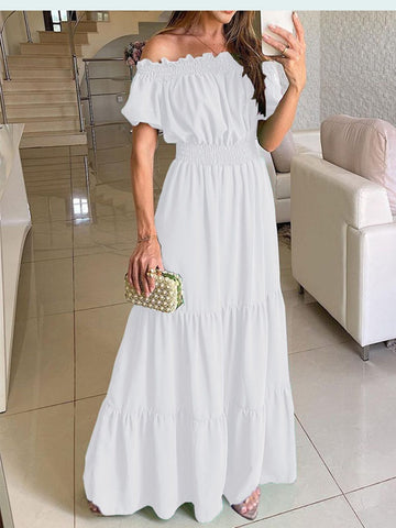 Women Slash Neck Maxi Dresses Summer Solid Casual Loose Short Sleeve Ruffle Dress Female Beach Party Long Dresses Elegant Robe