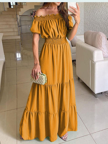 Women Slash Neck Maxi Dresses Summer Solid Casual Loose Short Sleeve Ruffle Dress Female Beach Party Long Dresses Elegant Robe