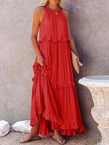 Women Slash Neck Maxi Dresses Summer Solid Casual Loose Short Sleeve Ruffle Dress Female Beach Party Long Dresses Elegant Robe
