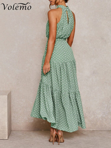 Women Solid Dot Long Dresses 2023 Summer Sexy Halter Strapless Lace Up Dress Female Boho Beach Holiday Maxi Dresses Casual Robe