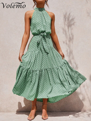 Women Solid Dot Long Dresses 2023 Summer Sexy Halter Strapless Lace Up Dress Female Boho Beach Holiday Maxi Dresses Casual Robe