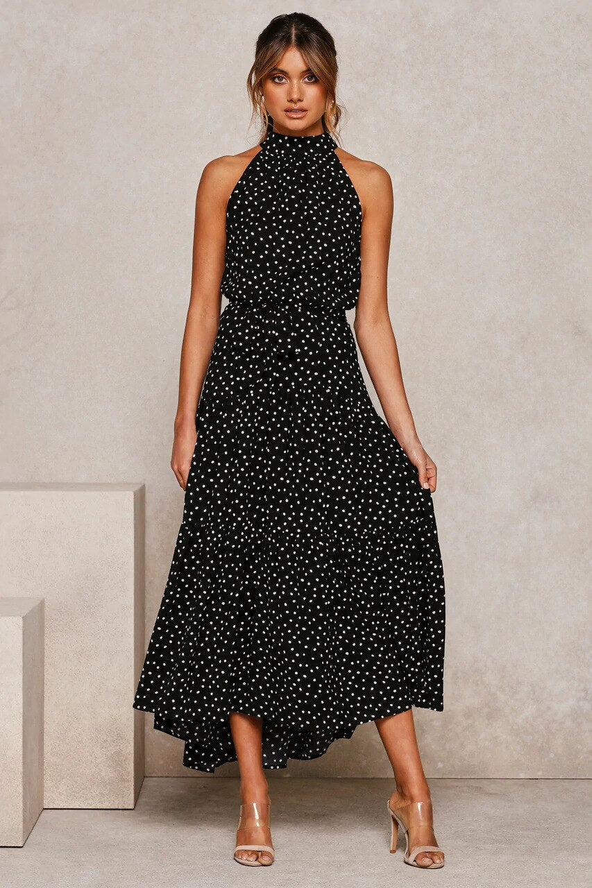 Women Solid Dot Long Dresses 2023 Summer Sexy Halter Strapless Lace Up Dress Female Boho Beach Holiday Maxi Dresses Casual Robe