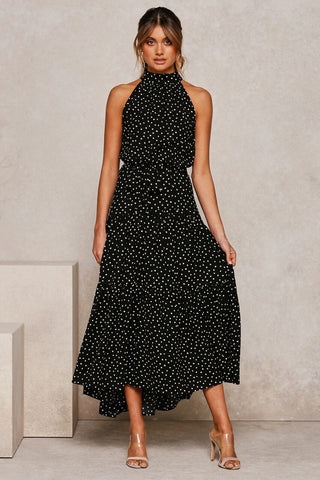 Women Solid Dot Long Dresses 2023 Summer Sexy Halter Strapless Lace Up Dress Female Boho Beach Holiday Maxi Dresses Casual Robe