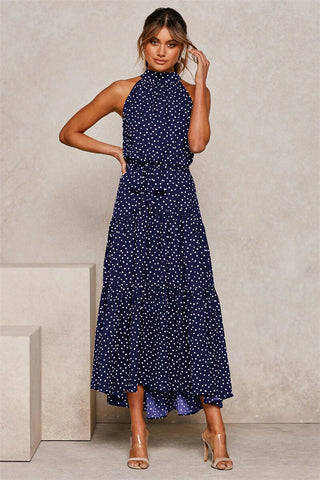 Women Solid Dot Long Dresses 2023 Summer Sexy Halter Strapless Lace Up Dress Female Boho Beach Holiday Maxi Dresses Casual Robe
