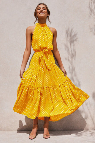 Women Solid Dot Long Dresses 2023 Summer Sexy Halter Strapless Lace Up Dress Female Boho Beach Holiday Maxi Dresses Casual Robe