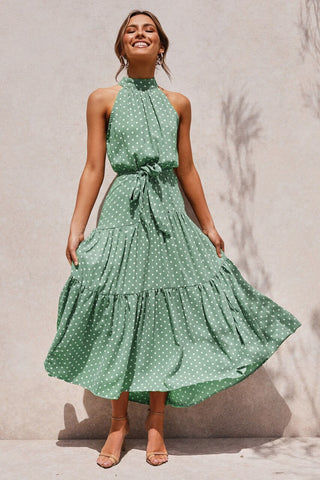 Women Solid Dot Long Dresses 2023 Summer Sexy Halter Strapless Lace Up Dress Female Boho Beach Holiday Maxi Dresses Casual Robe