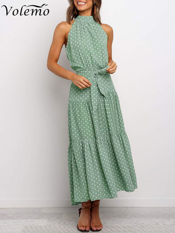 Women Solid Dot Long Dresses 2023 Summer Sexy Halter Strapless Lace Up Dress Female Boho Beach Holiday Maxi Dresses Casual Robe