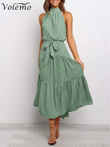 Women Solid Dot Long Dresses 2023 Summer Sexy Halter Strapless Lace Up Dress Female Boho Beach Holiday Maxi Dresses Casual Robe