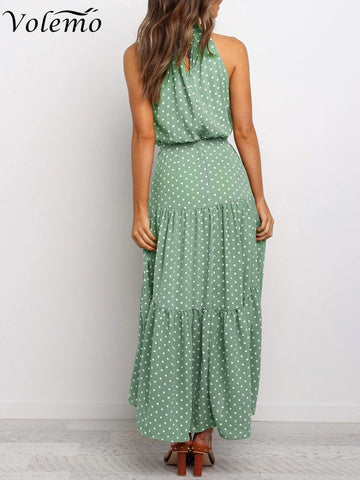 Women Solid Dot Long Dresses 2023 Summer Sexy Halter Strapless Lace Up Dress Female Boho Beach Holiday Maxi Dresses Casual Robe