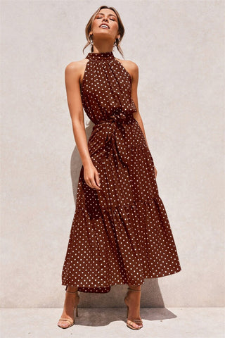 Women Solid Dot Long Dresses 2023 Summer Sexy Halter Strapless Lace Up Dress Female Boho Beach Holiday Maxi Dresses Casual Robe