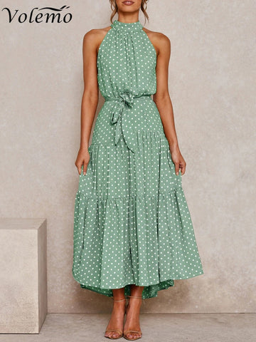 Women Solid Dot Long Dresses 2023 Summer Sexy Halter Strapless Lace Up Dress Female Boho Beach Holiday Maxi Dresses Casual Robe