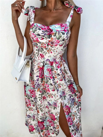 Women Summer Sleeveless Slit Skirt Retro Sweet Floral Print Midi Dress Ladies Elegant Sling Backless Strap V-Neck Sexy Dress