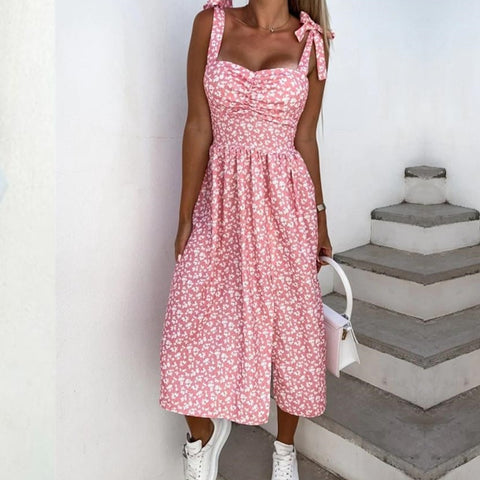 Women Summer Sleeveless Slit Skirt Retro Sweet Floral Print Midi Dress Ladies Elegant Sling Backless Strap V-Neck Sexy Dress