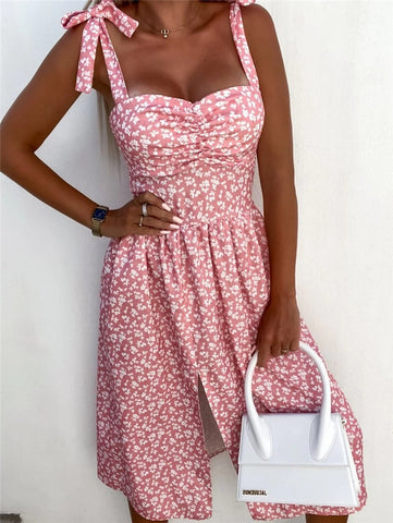 Women Summer Sleeveless Slit Skirt Retro Sweet Floral Print Midi Dress Ladies Elegant Sling Backless Strap V-Neck Sexy Dress