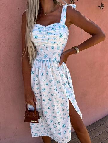 Women Summer Sleeveless Slit Skirt Retro Sweet Floral Print Midi Dress Ladies Elegant Sling Backless Strap V-Neck Sexy Dress