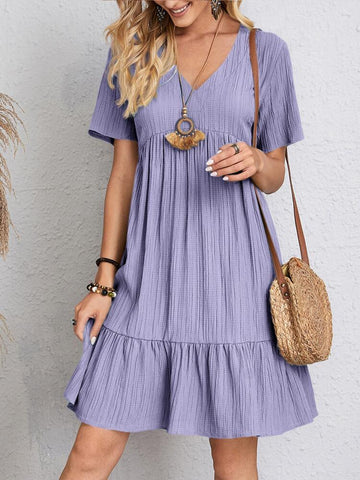 Women Vintage Mini Dresses 2023 Summer Solid Casual V Neck Ruffles Dress Ladies Boho Loose Beach Party Elegant Dresses Vestidos