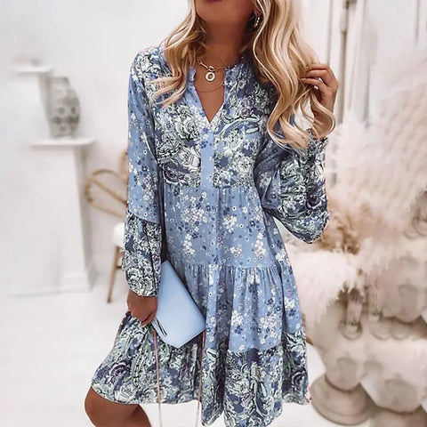 Women Vintage Mini Dresses 2023 Summer Solid Casual V Neck Ruffles Dress Ladies Boho Loose Beach Party Elegant Dresses Vestidos