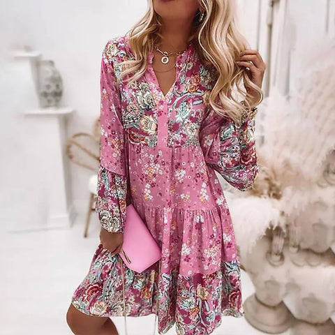 Women Vintage Mini Dresses 2023 Summer Solid Casual V Neck Ruffles Dress Ladies Boho Loose Beach Party Elegant Dresses Vestidos