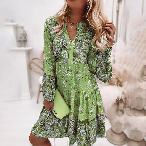 Women Vintage Mini Dresses 2023 Summer Solid Casual V Neck Ruffles Dress Ladies Boho Loose Beach Party Elegant Dresses Vestidos