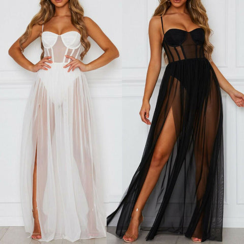 Womens Sleeveless Dress Sexy Stars Perspective Hot Thin Transparent Mesh Underwear Nightdress Two-Piece Include T-Back