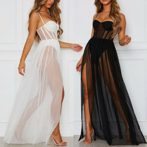 Womens Sleeveless Dress Sexy Stars Perspective Hot Thin Transparent Mesh Underwear Nightdress Two-Piece Include T-Back