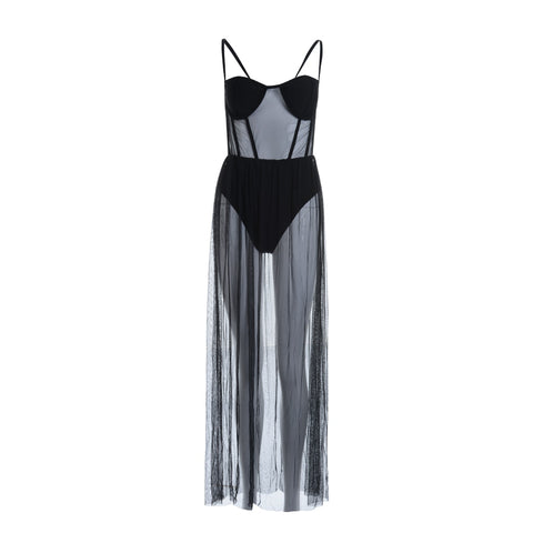 Womens Sleeveless Dress Sexy Stars Perspective Hot Thin Transparent Mesh Underwear Nightdress Two-Piece Include T-Back