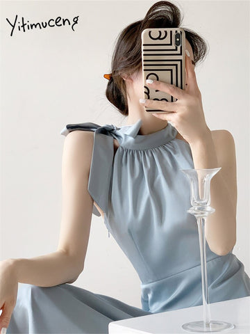 Yitimuceng Sleeveless Dress for Women 2023 Fashion Vintage Half High Collar Midi Dress Elegant Casual Lace-up Neck Mounted Dress