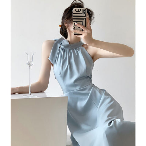 Yitimuceng Sleeveless Dress for Women 2023 Fashion Vintage Half High Collar Midi Dress Elegant Casual Lace-up Neck Mounted Dress