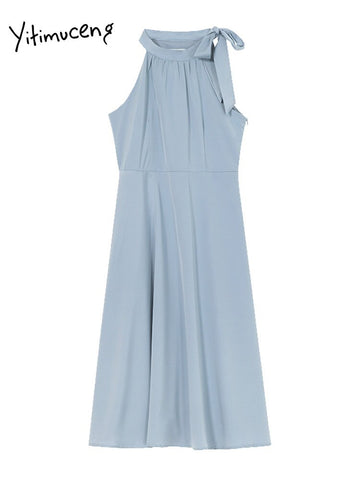 Yitimuceng Sleeveless Dress for Women 2023 Fashion Vintage Half High Collar Midi Dress Elegant Casual Lace-up Neck Mounted Dress