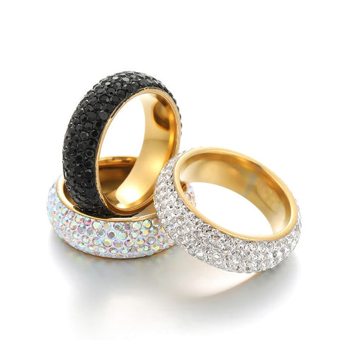 Yiwu Daicy Directly Supplied 8mm 5 Rows Of Ceramic Clay Full Diamond Curved Titanium Steel Band Ring Wholesale