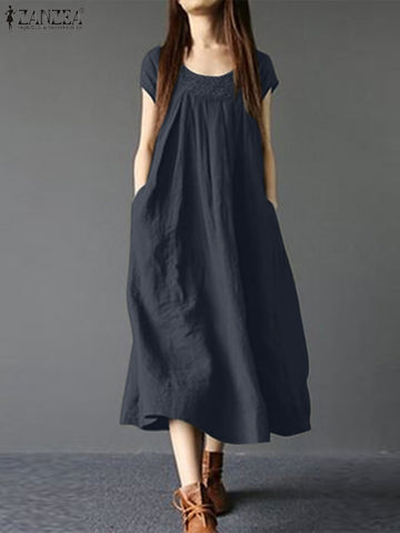 ZANZEA Summer Vintage Dress Women Casual Midi Sundress Robe Femme Solid Party Vestido Short Sleeve Lace Patchwork Kaftan Dresses