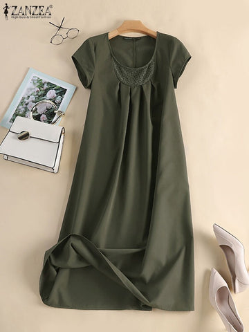 ZANZEA Summer Vintage Dress Women Casual Midi Sundress Robe Femme Solid Party Vestido Short Sleeve Lace Patchwork Kaftan Dresses