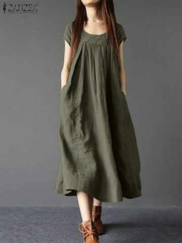 ZANZEA Summer Vintage Dress Women Casual Midi Sundress Robe Femme Solid Party Vestido Short Sleeve Lace Patchwork Kaftan Dresses