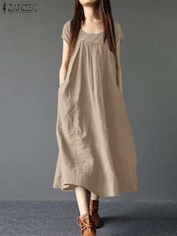 ZANZEA Summer Vintage Dress Women Casual Midi Sundress Robe Femme Solid Party Vestido Short Sleeve Lace Patchwork Kaftan Dresses